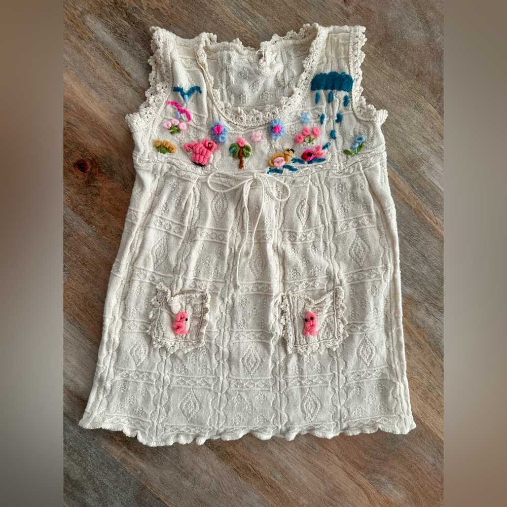 Vintage Handmade Embroidered Cream Sleeveless Dress with Birds Trees & Flowers